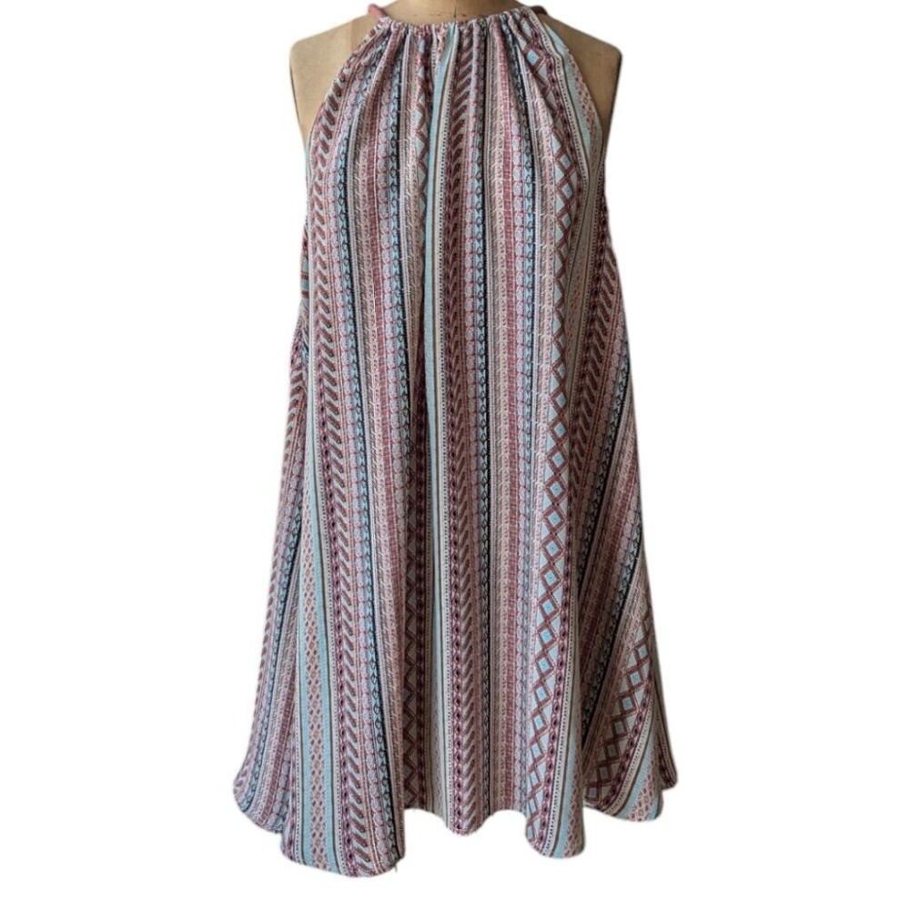 Artisan NY Halter Dress Multicolor Geometric Print Sz S Trapeze Swing Boho